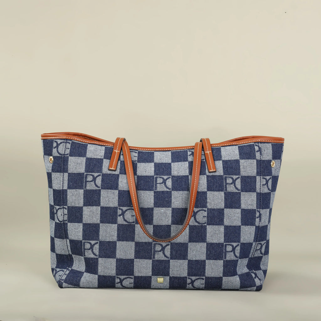 Bolso Tote Estampado PG — Denim a Cuadros y Gran Capacidad