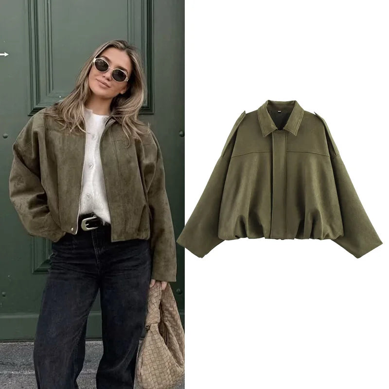Bomber Oversize Vintage Mujer — Ante y Bajo Globo
