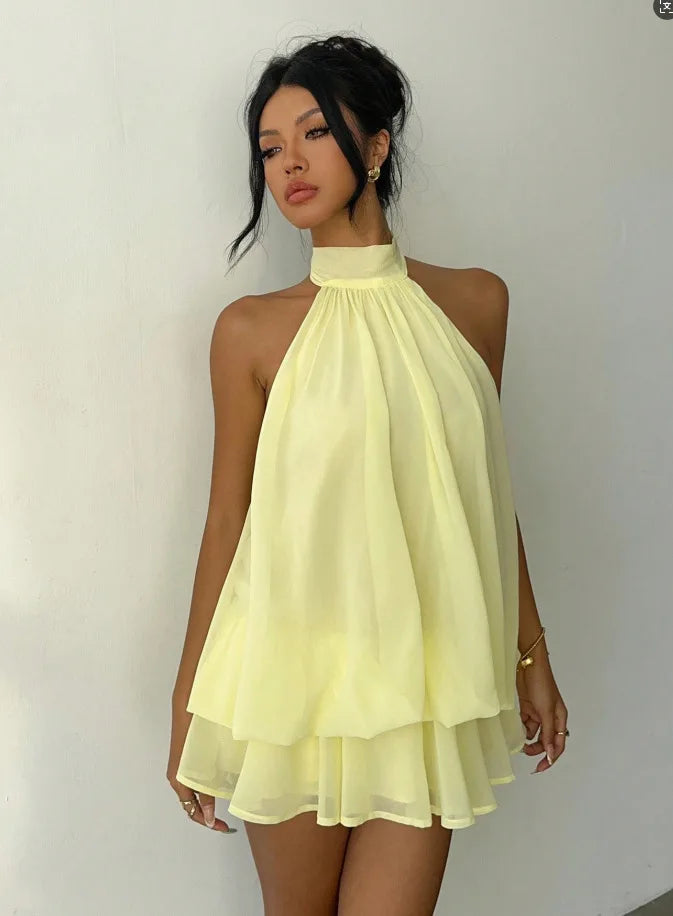 Vestido Halter Mini Mujer — Espalda Descubierta y Nudo