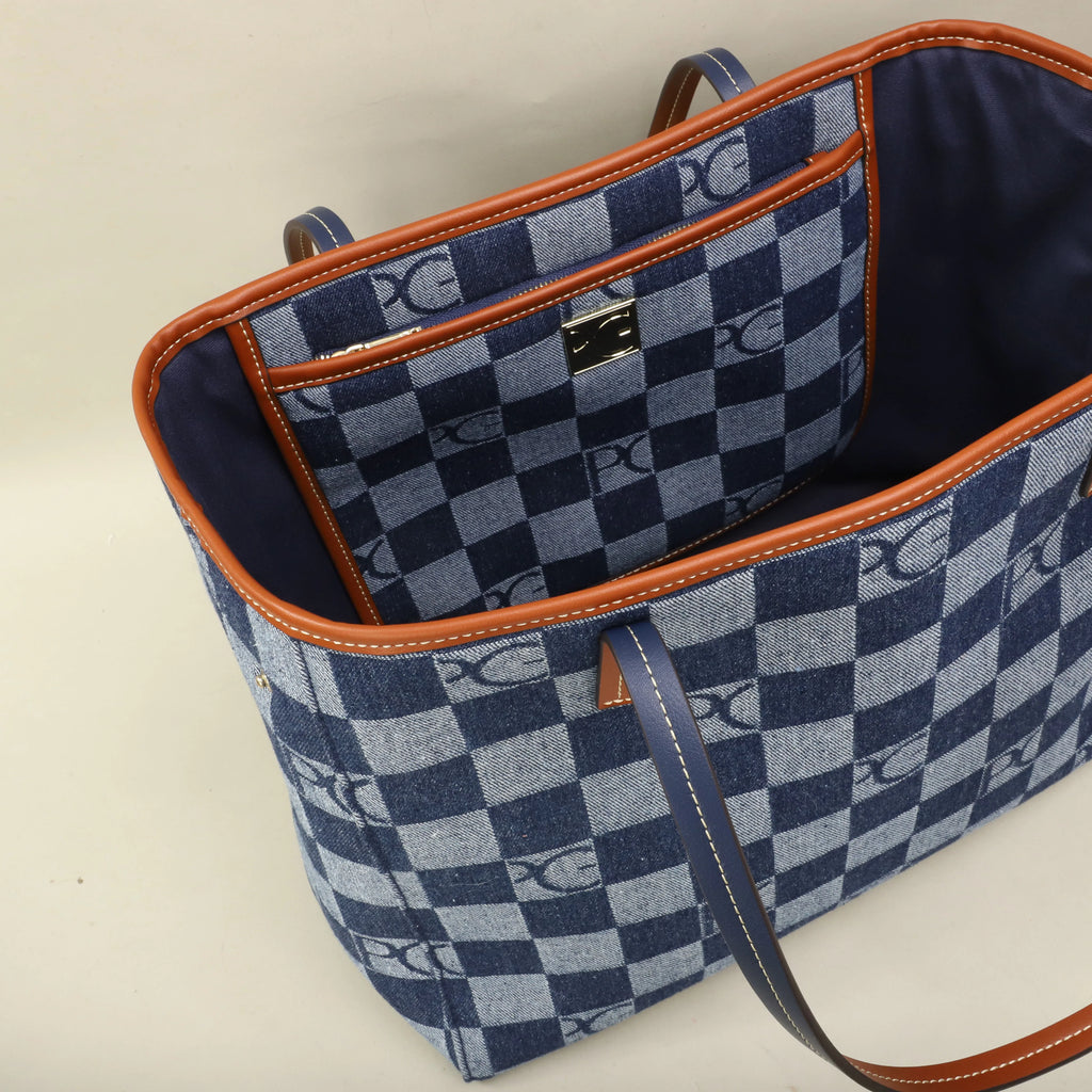 Bolso Tote Estampado PG — Denim a Cuadros y Gran Capacidad