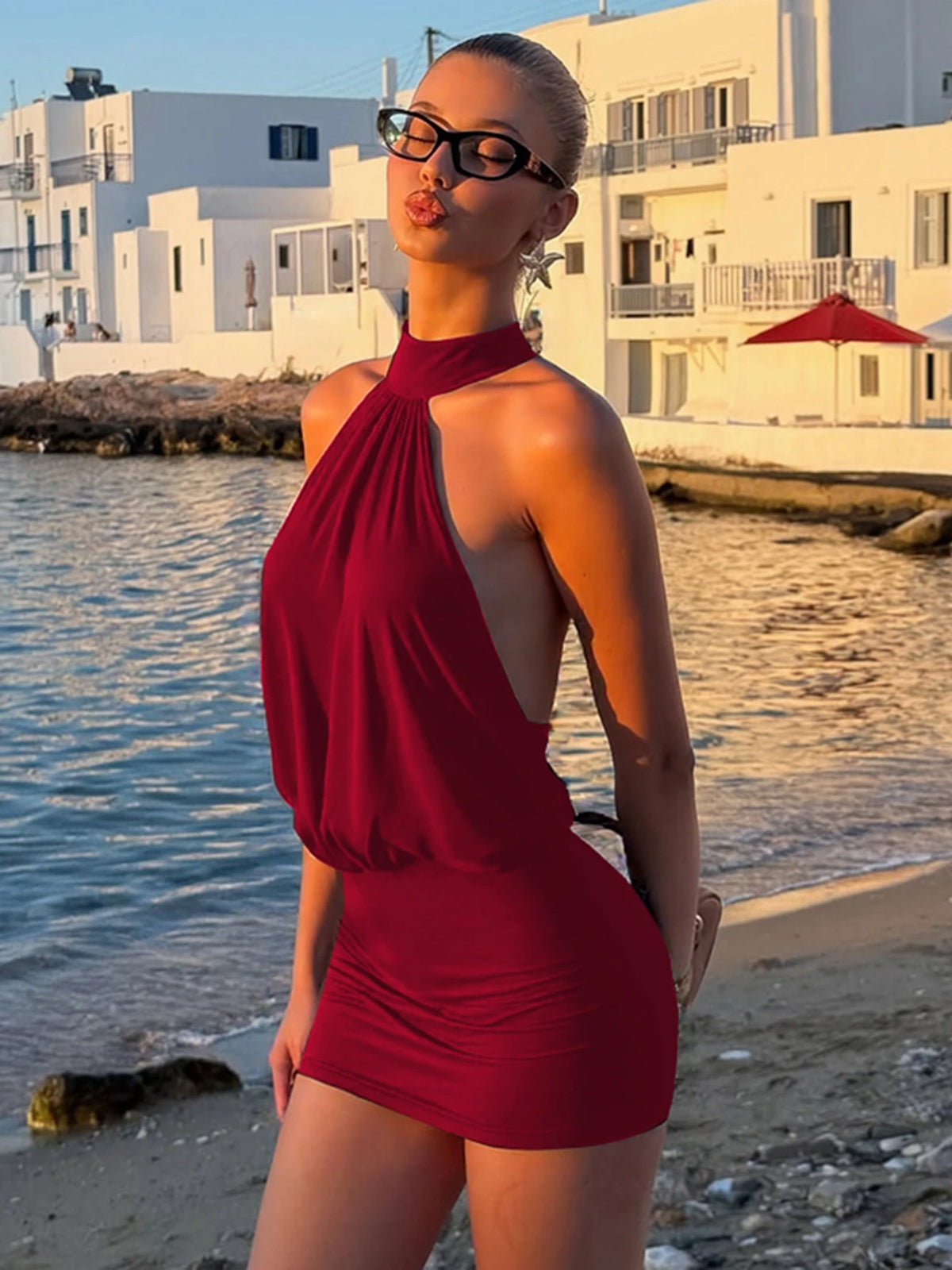 Vestido Mini Halter Bodycon Mujer — Encaje y Espalda Descubierta