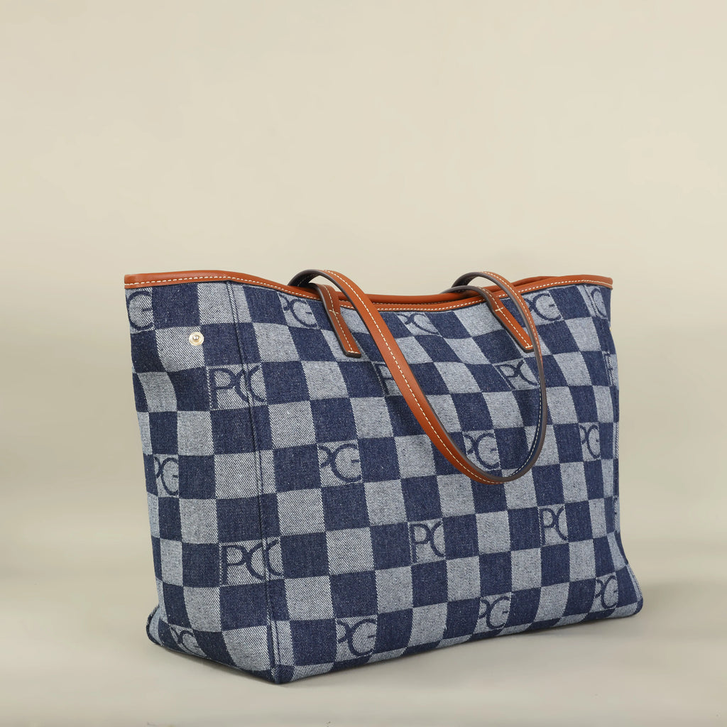 Bolso Tote Estampado PG — Denim a Cuadros y Gran Capacidad