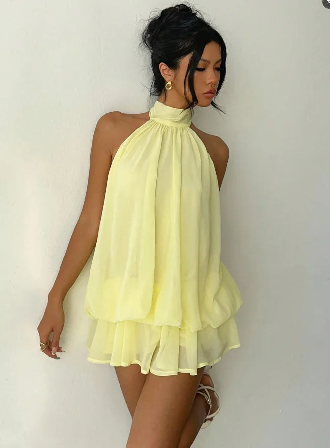 Vestido Halter Mini Mujer — Espalda Descubierta y Nudo