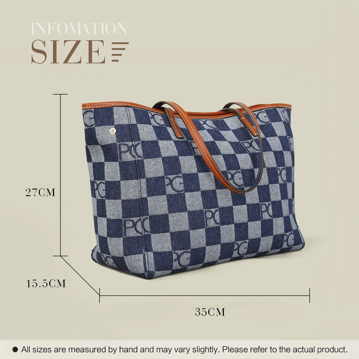 Bolso Tote Estampado PG — Denim a Cuadros y Gran Capacidad