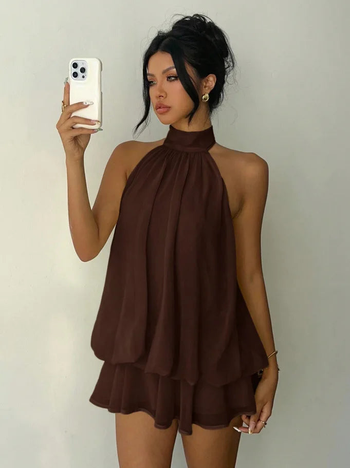 Vestido Halter Mini Mujer — Espalda Descubierta y Nudo