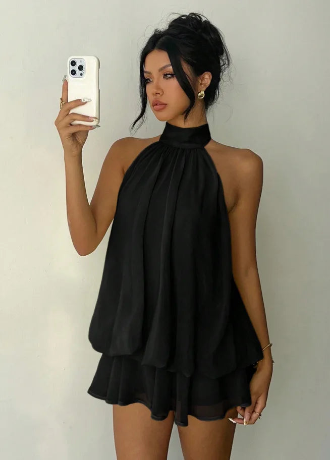 Vestido Halter Mini Mujer — Espalda Descubierta y Nudo