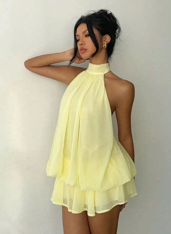 Vestido Halter Mini Mujer — Espalda Descubierta y Nudo