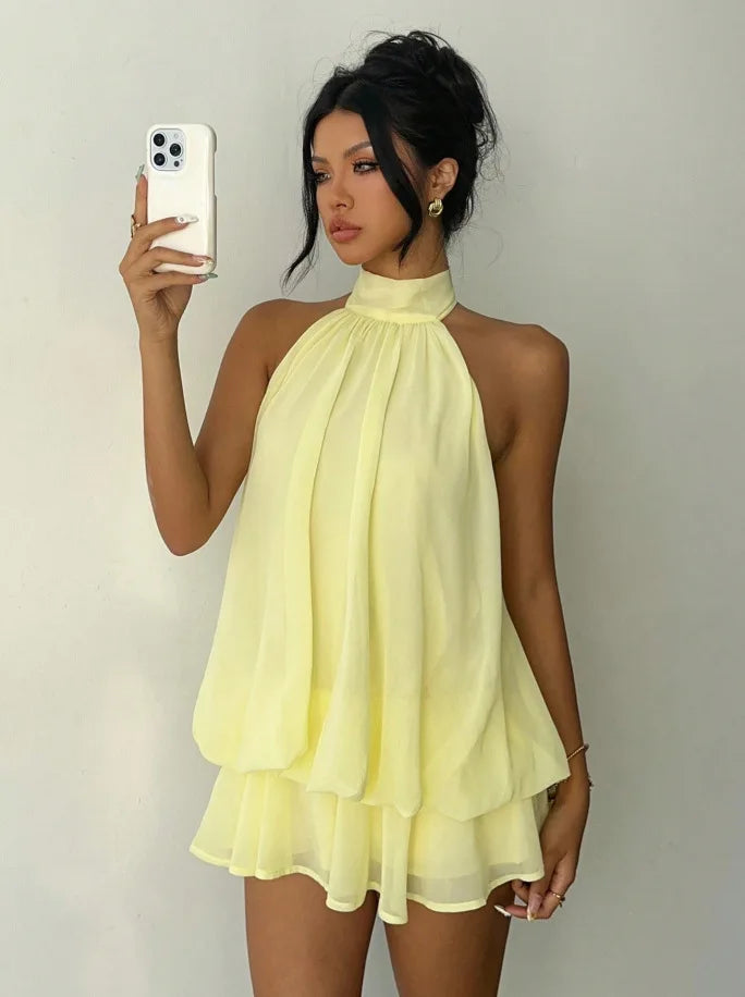 Vestido Halter Mini Mujer — Espalda Descubierta y Nudo