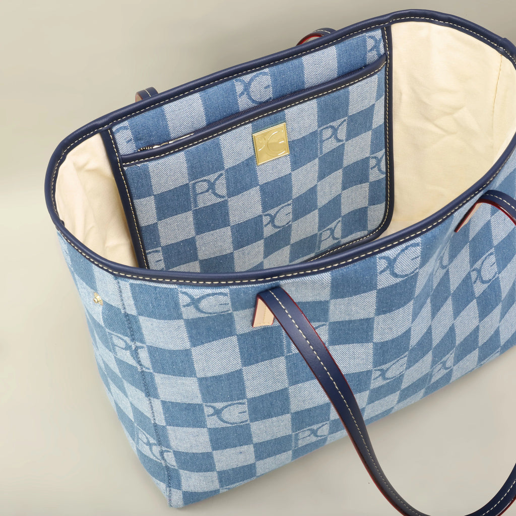 Bolso Tote Estampado PG — Denim a Cuadros y Gran Capacidad