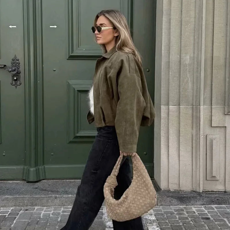 Bomber Oversize Vintage Mujer — Ante y Bajo Globo