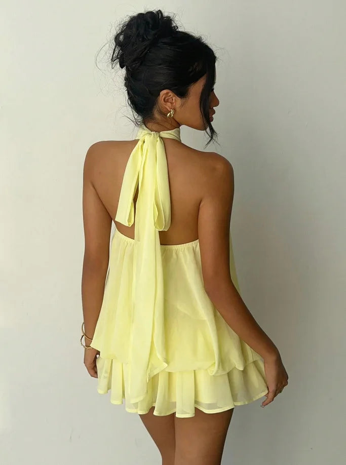 Vestido Halter Mini Mujer — Espalda Descubierta y Nudo