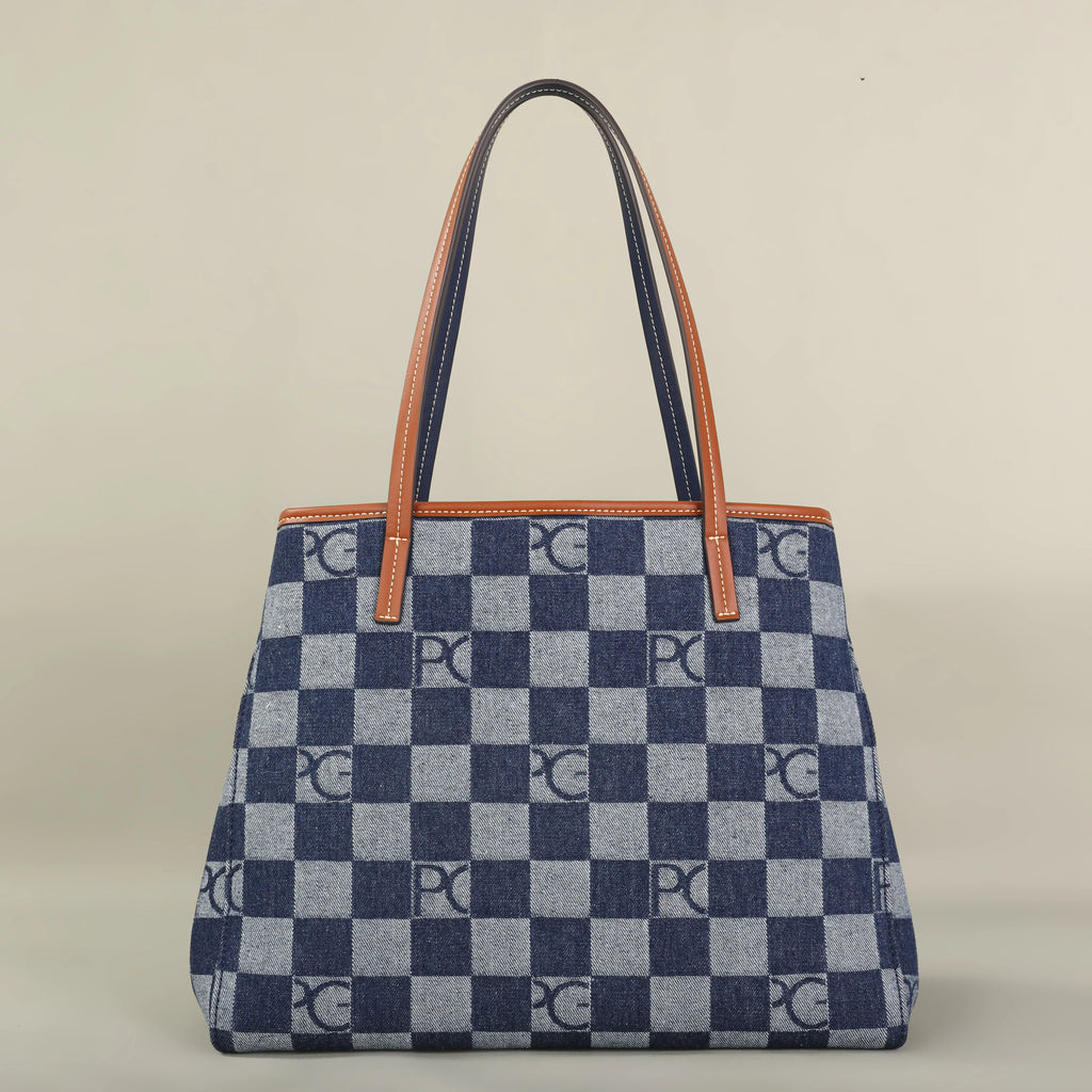 Bolso Tote Estampado PG — Denim a Cuadros y Gran Capacidad