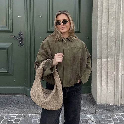 Bomber Oversize Vintage Mujer — Ante y Bajo Globo